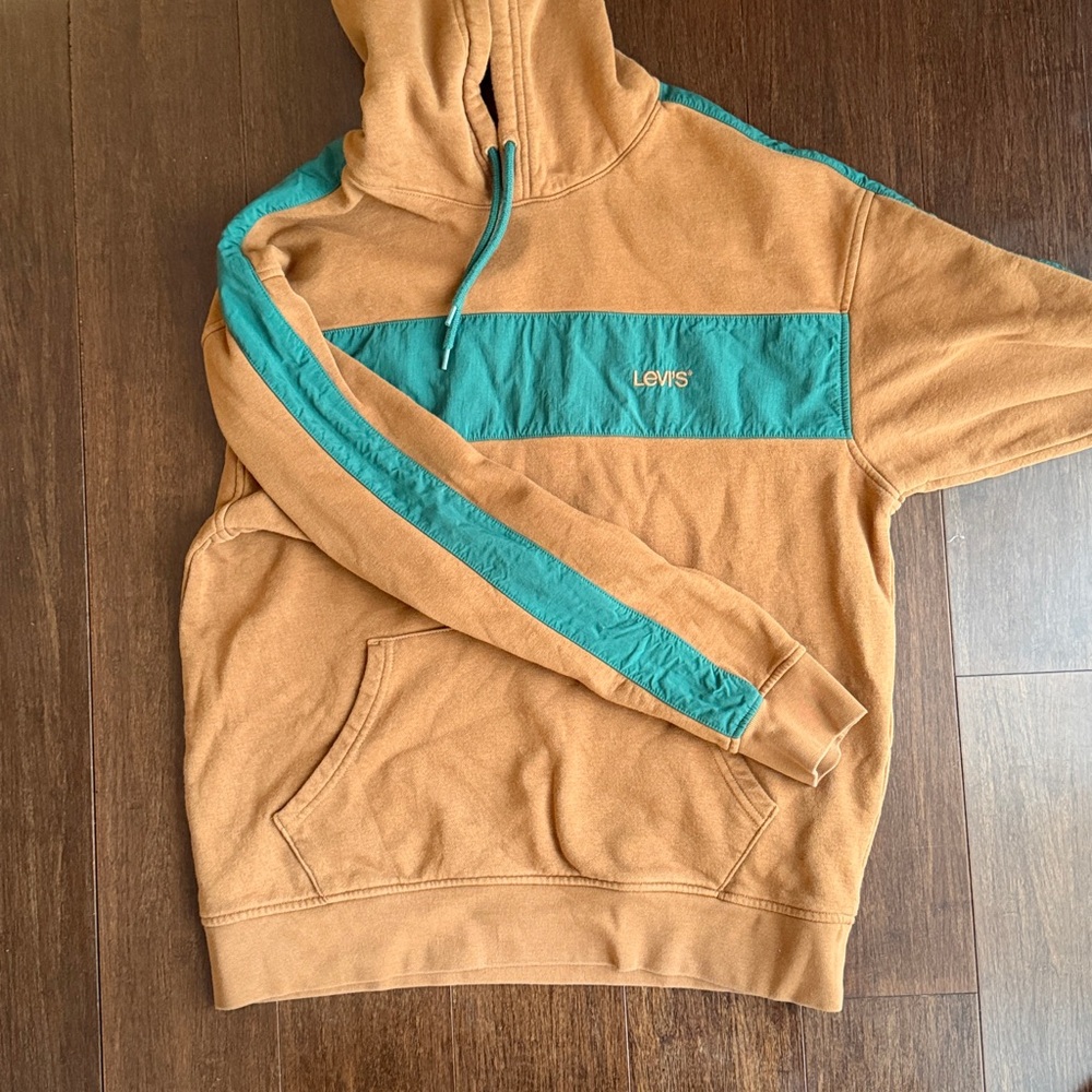Levi’s Men’s Pullover Hoodie Brown Green Colorblock Sweatshirt Size Medium M - Picture 4 of 8